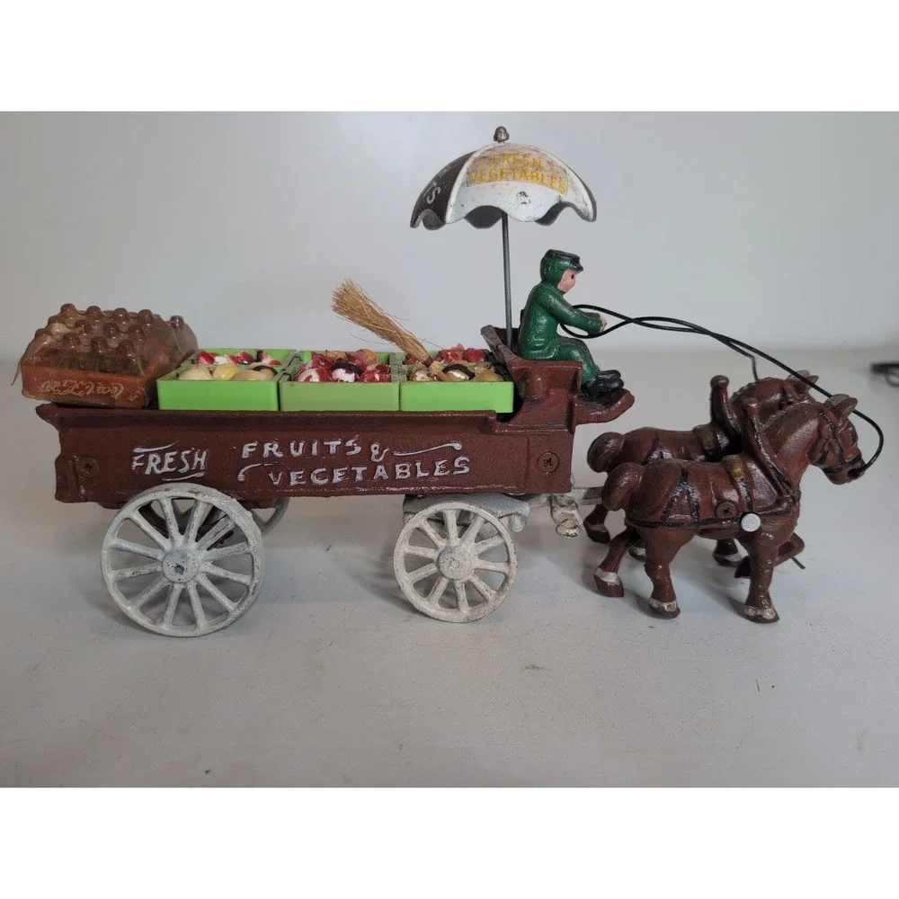 ANTIQUE Cast Iron Fruit Vegetable Wagon Horses Vintage Rustic Primitive Driver